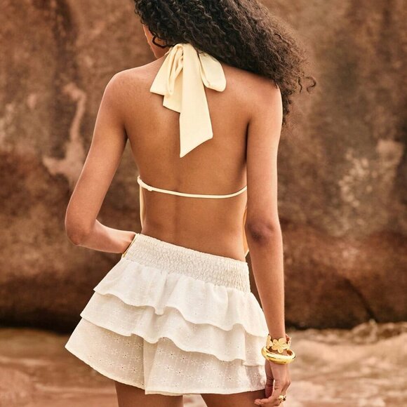 Apricot Sexy Women's Holiday 3d Floral Decor Hollow V Neck Backless Halter Top - Picture 5 of 6